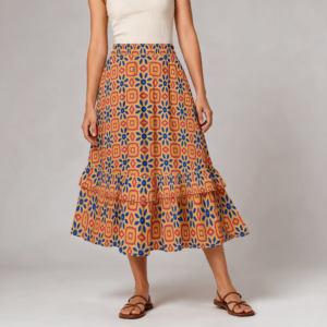 Woman wearing the Amber Tile Print Tiered Ruffle Maxi Skirt by Creamy Cougar