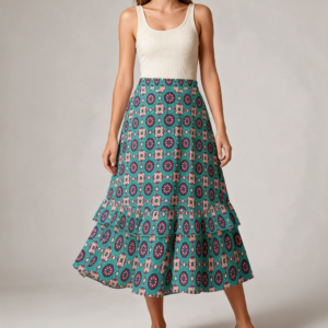 Woman wearing the Teal Coral Tile Print Tiered Ruffle Maxi Skirt by Creamy Cougar