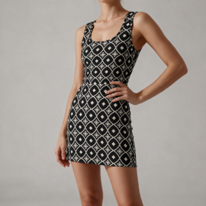 Woman wearing the Black & White Tile Print Sleeveless Bodycon Mini Dress by Creamy Cougar
