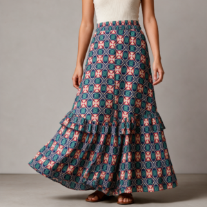 Woman wearing the Teal Starburst Print Tiered Ruffle Maxi Skirt by Creamy Cougar