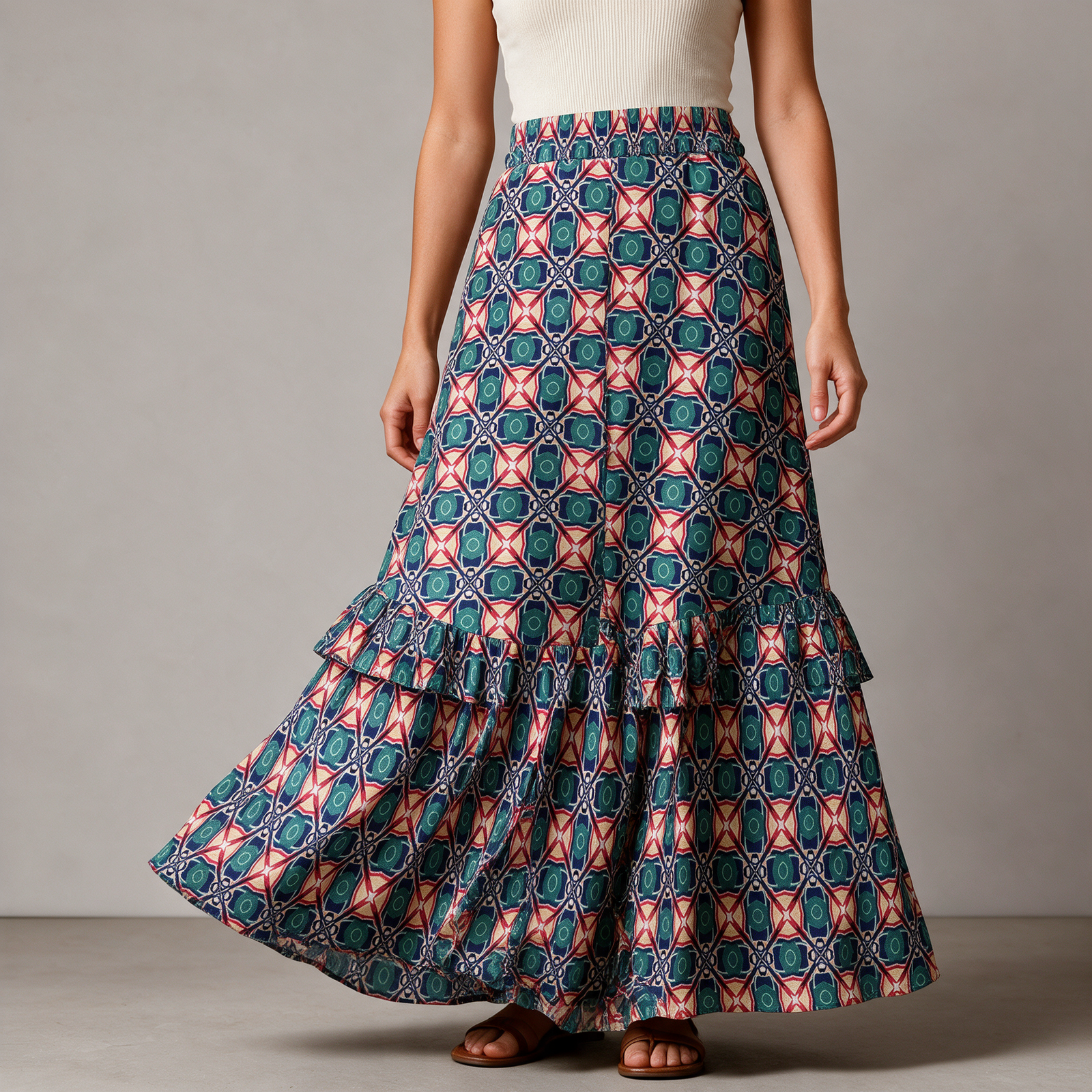 Woman wearing the Teal Starburst Print Tiered Ruffle Maxi Skirt by Creamy Cougar
