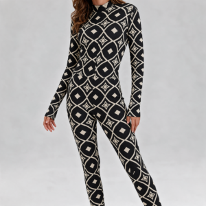 Woman wearing the Black & White Tile Print Long Sleeve High-Neck Jumpsuit by Creamy Cougar