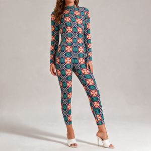 Woman wearing the Teal Mosaic Print Long Sleeve High-Neck Jumpsuit by Creamy Cougar