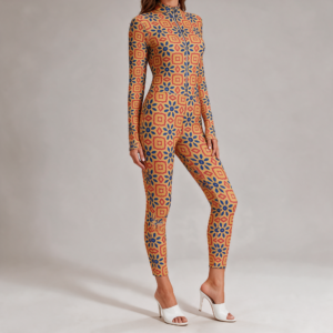 Woman wearing the Copper Tile Print Long Sleeve High-Neck Jumpsuit by Creamy Cougar