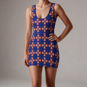 Woman wearing the Indigo Starburst Print Sleeveless Bodycon Mini Dress by Creamy Cougar