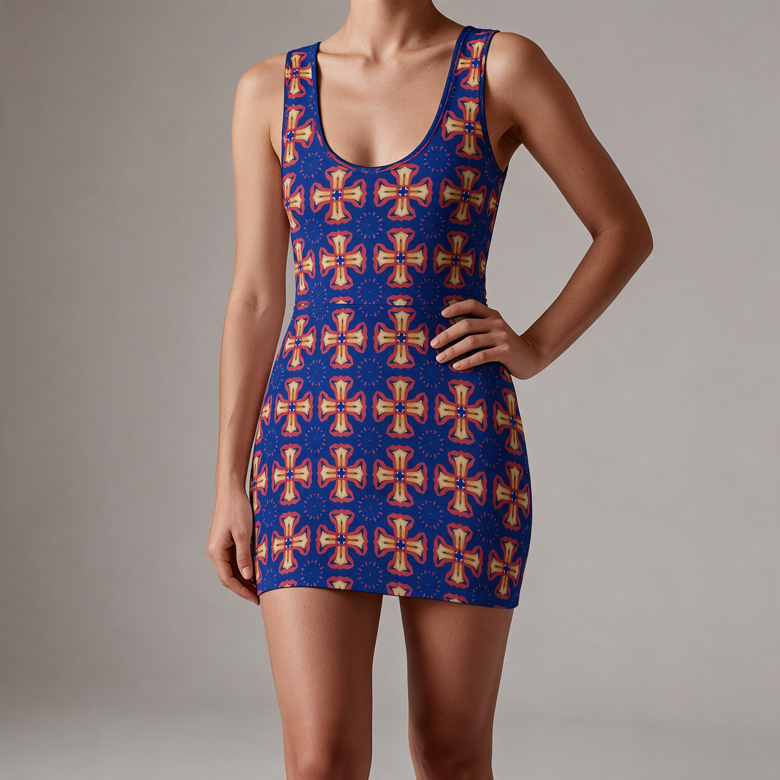 Woman wearing the Indigo Starburst Print Sleeveless Bodycon Mini Dress by Creamy Cougar