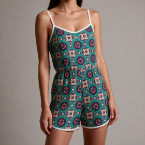 Woman wearing the Teal Mosaic Print Cami Romper by Creamy Cougar