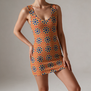 Woman wearing the Amber Tile Print Sleeveless Bodycon Mini Dress by Creamy Cougar