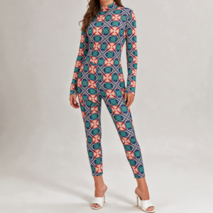 Woman wearing the Teal Coral Medallion Print Long Sleeve High-Neck Jumpsuit by Creamy Cougar