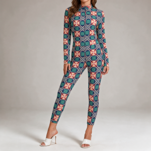 Woman wearing the Slate Teal Tile Print Long Sleeve High-Neck Jumpsuit by Creamy Cougar
