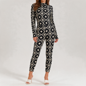 Woman wearing the Black & White Geometric Print Long Sleeve High-Neck Jumpsuit by Creamy Cougar