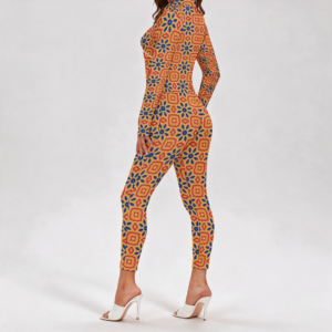 Woman wearing the Copper Mosaic Print Long Sleeve High-Neck Jumpsuit by Creamy Cougar