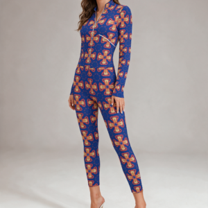 Woman wearing the Cobalt Coral Medallion Print Long Sleeve High-Neck Jumpsuit by Creamy Cougar