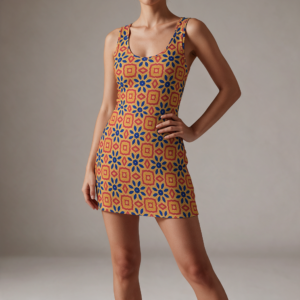 Woman wearing the Copper Mosaic Print Sleeveless Bodycon Mini Dress by Creamy Cougar