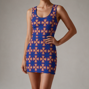 Woman wearing the Royal Blue Tile Print Sleeveless Bodycon Mini Dress by Creamy Cougar