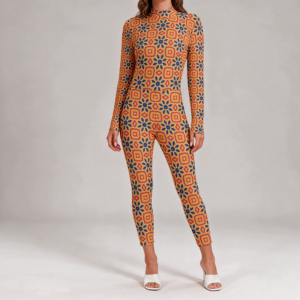 Woman wearing the Amber Tile Print Long Sleeve High-Neck Jumpsuit by Creamy Cougar
