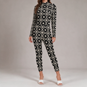 Woman wearing the Black & White Diamond Print Long Sleeve High-Neck Jumpsuit by Creamy Cougar