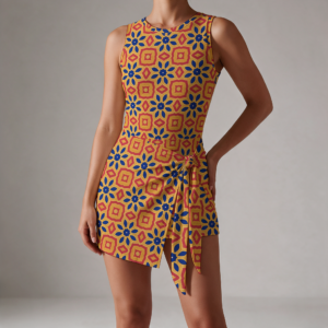 Woman wearing the Amber Starburst Print Sleeveless Bodycon Mini Dress by Creamy Cougar