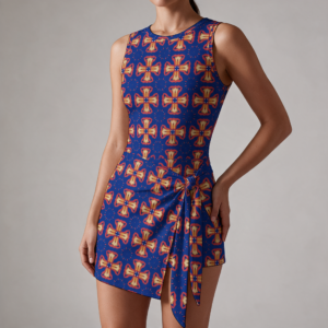 Woman wearing the Cobalt Medallion Print Sleeveless Bodycon Mini Dress by Creamy Cougar