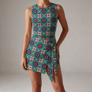Woman wearing the Emerald Coral Tile Print Sleeveless Bodycon Mini Dress by Creamy Cougar