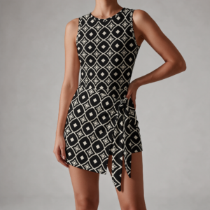 Woman wearing the Black & White Medallion Print Sleeveless Bodycon Mini Dress by Creamy Cougar
