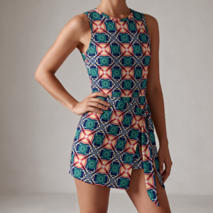 Woman wearing the Coral Teal Floral Tile Print Sleeveless Bodycon Mini Dress by Creamy Cougar