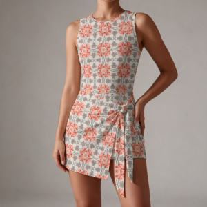 Woman wearing the Blush Mosaic Print Sleeveless Bodycon Mini Dress by Creamy Cougar