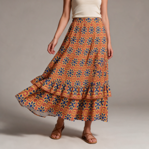 Woman wearing the Amber Medallion Print Tiered Ruffle Maxi Skirt by Creamy Cougar
