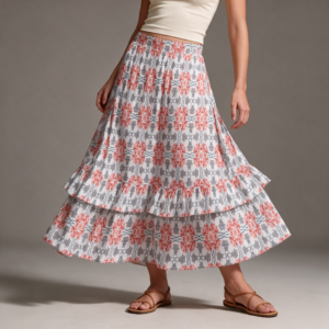 Woman wearing the Coral Blue Mosaic Print Tiered Ruffle Maxi Skirt by Creamy Cougar