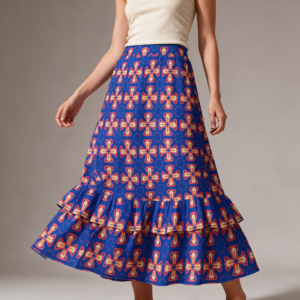Woman wearing the Cobalt Coral Medallion Print Tiered Ruffle Maxi Skirt by Creamy Cougar