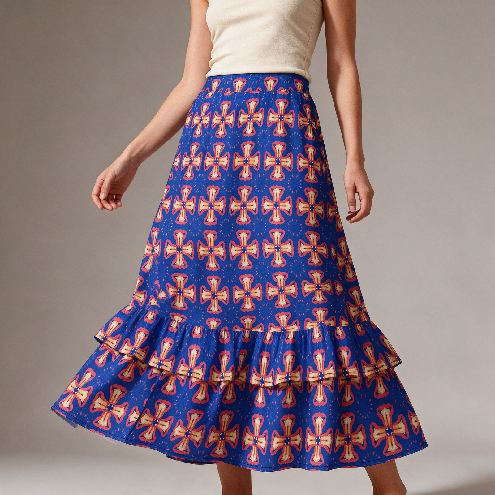 Woman wearing the Cobalt Coral Medallion Print Tiered Ruffle Maxi Skirt by Creamy Cougar